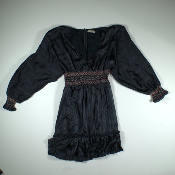 Ulla Johnson Odette Smocked Silk Midnight Dress - Picture 2 of 11